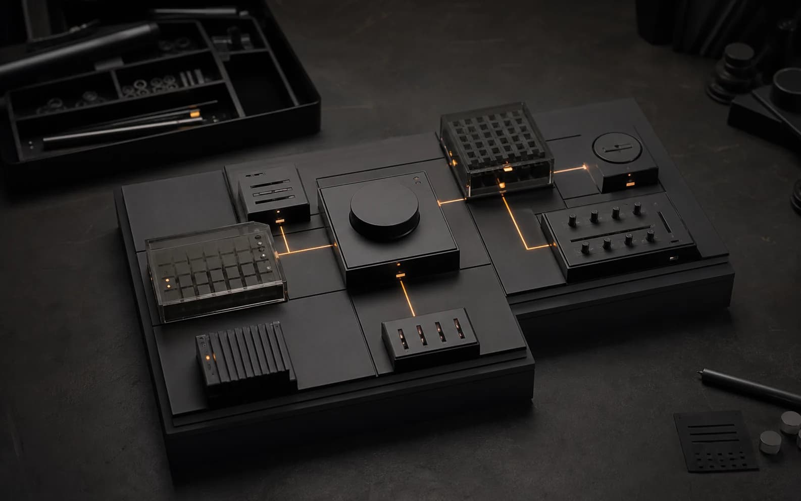 Modulares System aus schwarzen Funktionsbausteinen mit orange verbundenen Signalwegen